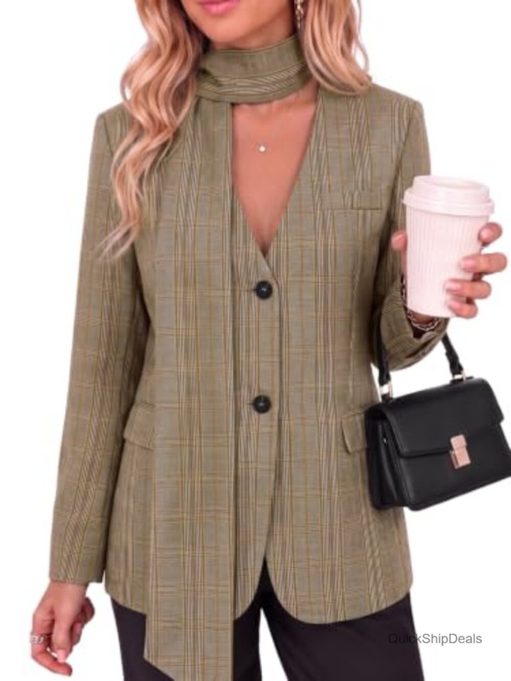 Women's Plaid Casual Blazer V-Neck Fitted Suit Jacket with Scarf